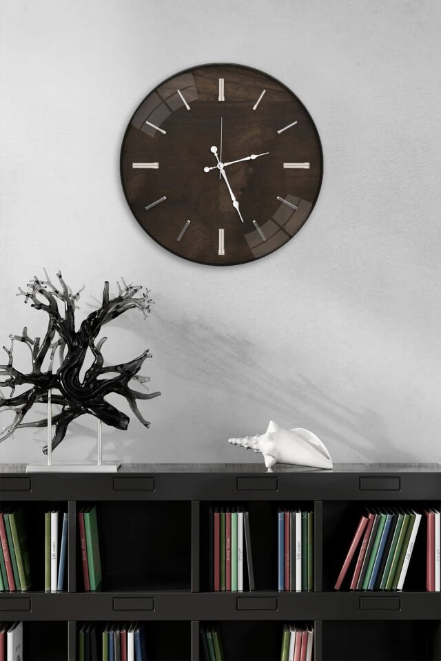 KIRILMAZ CAM DUVAR SAATİ, HEM TABLO HEM SAAT KOYU AHŞAP DOKU MİNİMAL MODERN TASARIM EV OFİS HEDİYESİ