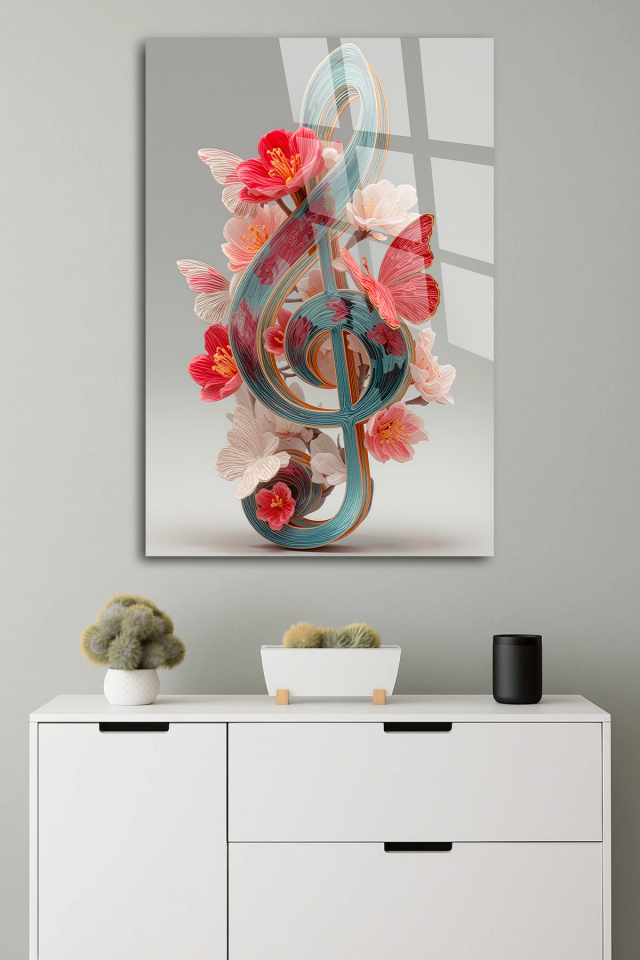 GERÇEK KIRILMAZ CAM TABLO SOL ANAHTARI MÜZİK TEMALI SANATSAL DUVAR DEKORU EV OFİS HEDİYESİ