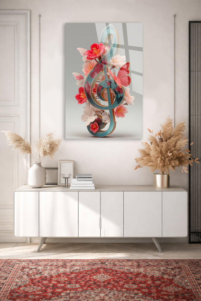 GERÇEK KIRILMAZ CAM TABLO SOL ANAHTARI MÜZİK TEMALI SANATSAL DUVAR DEKORU EV OFİS HEDİYESİ