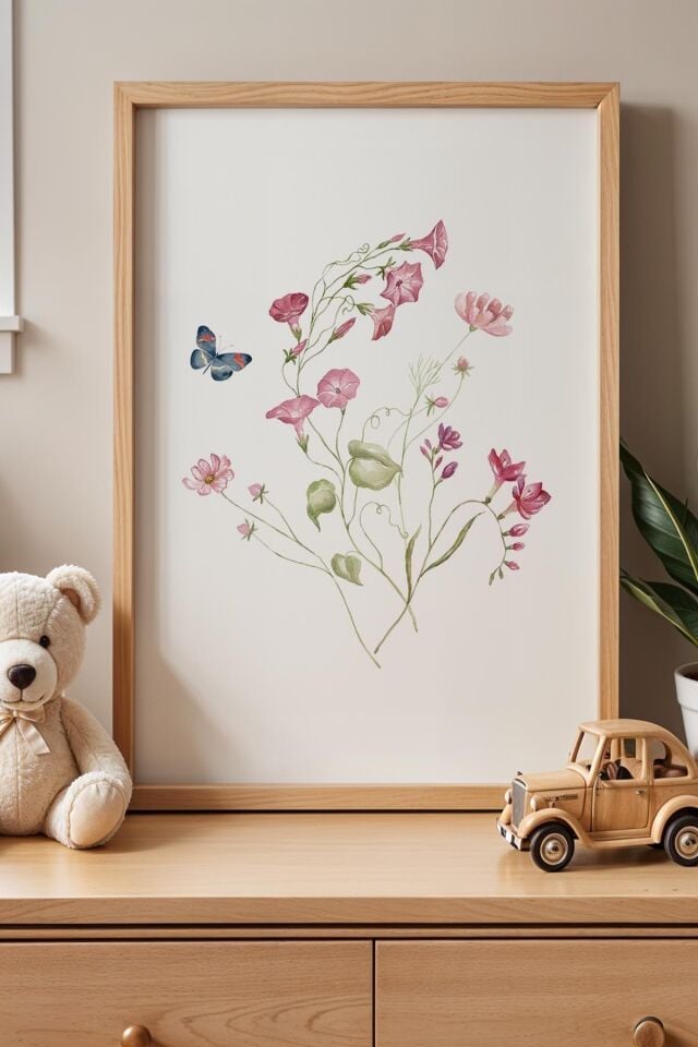 DOĞAL AHŞAP - Renkli Çiçekler Çocuk Odası Ahşap Çerçeveli Duvar Tablosu