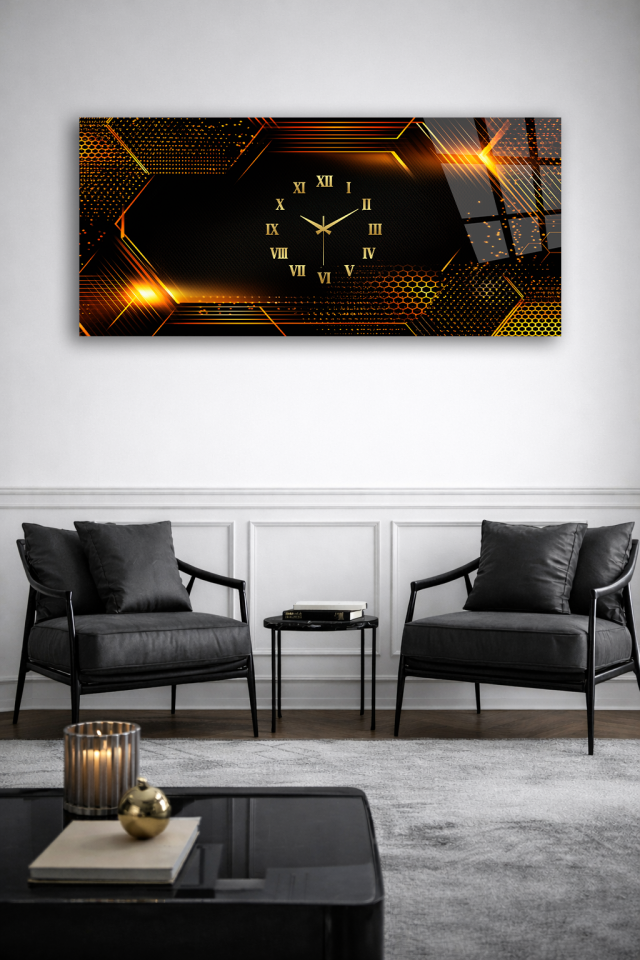 KIRILMAZ CAM DUVAR SAATİ , HEM TABLO HEM SAAT SİYAH ALTIN GEOMETRİK MODERN TASARIM EV OFİS HEDİYESİ