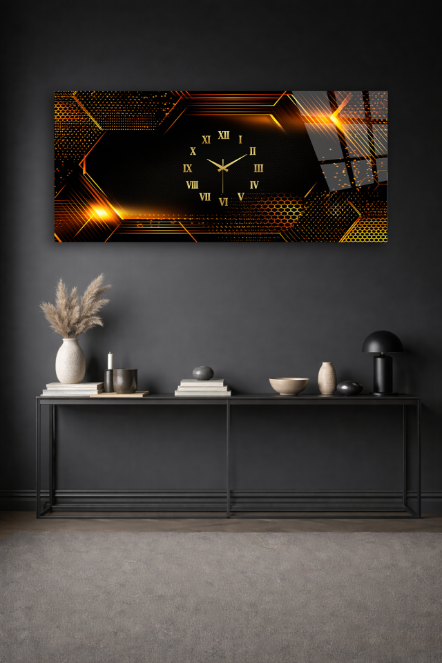 KIRILMAZ CAM DUVAR SAATİ , HEM TABLO HEM SAAT SİYAH ALTIN GEOMETRİK MODERN TASARIM EV OFİS HEDİYESİ