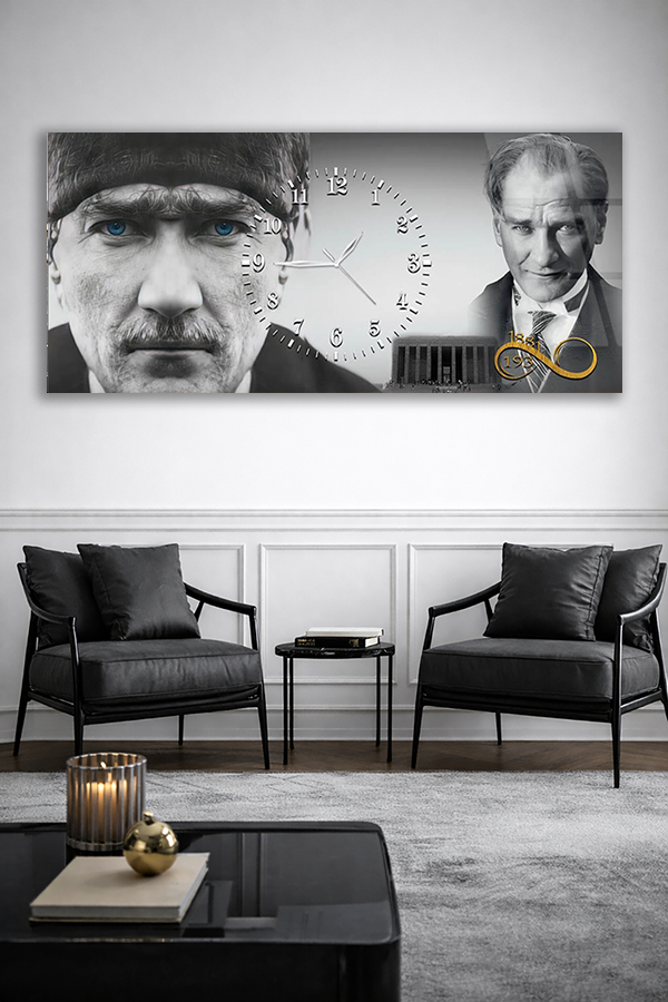 KIRILMAZ CAM DUVAR SAATİ , HEM TABLO HEM SAAT MAVİ GÖZLÜ ATATÜRK FİGÜRLÜ PREMİUM EV OFİS HEDİYESİ