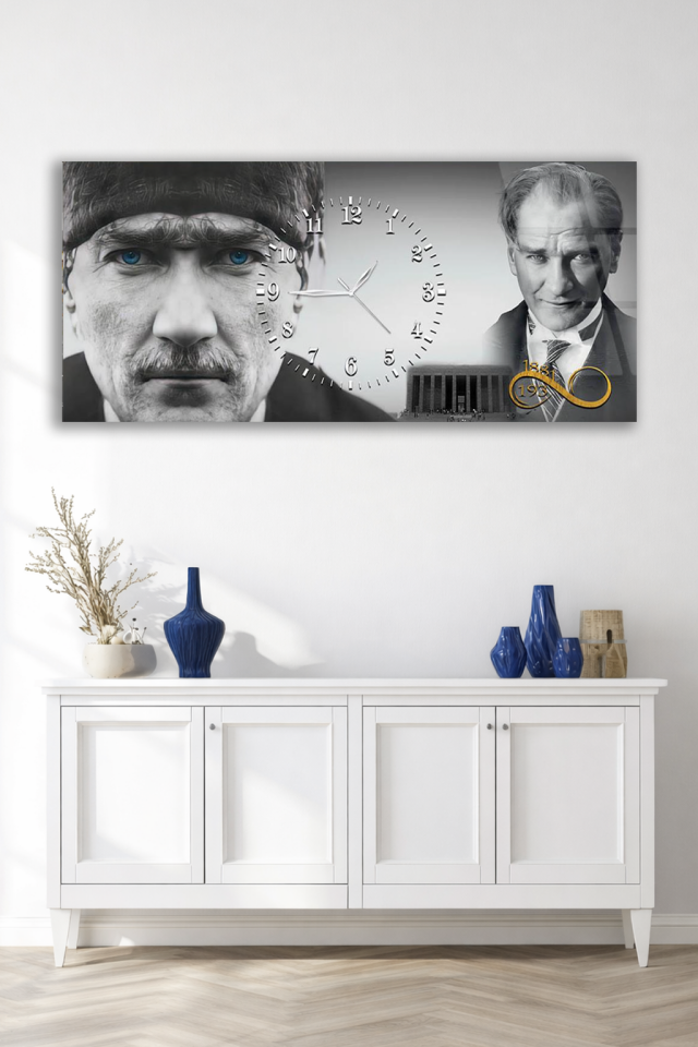 KIRILMAZ CAM DUVAR SAATİ , HEM TABLO HEM SAAT MAVİ GÖZLÜ ATATÜRK FİGÜRLÜ PREMİUM EV OFİS HEDİYESİ