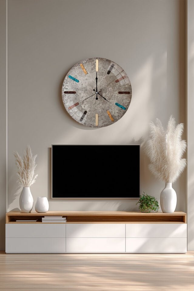 KIRILMAZ CAM DUVAR SAATİ, HEM TABLO HEM SAAT RENKLİ MARKÖRLÜ BETON DOKU ENDÜSTRİYEL TASARIM EV OFİS HEDİYESİ