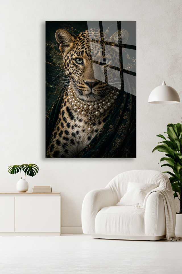 İNCİLİ LEOPAR CAM TABLO LÜKS HAYVAN FİGÜRLÜ DUVAR DEKORU