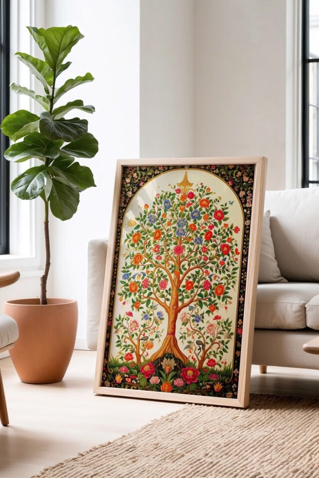 DOĞAL AHŞAP - Doğal Ahşap Çerçeveli Vintage Hint Baskısı Duvar Tablosu