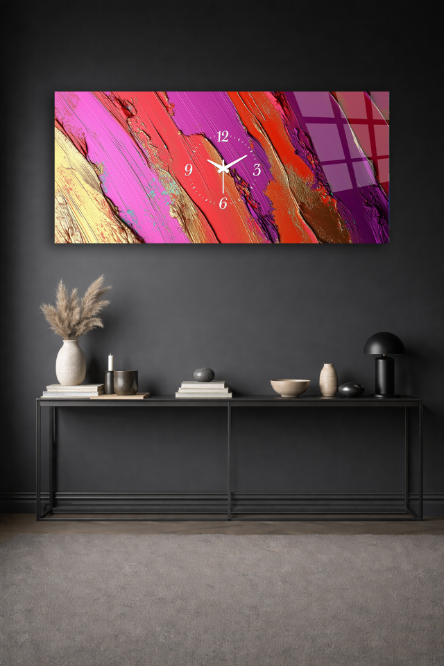 KIRILMAZ CAM DUVAR SAATİ , HEM TABLO HEM SAAT RENKLİ SOYUT FIRÇA DARBELERİ SANAT EV OFİS HEDİYESİ