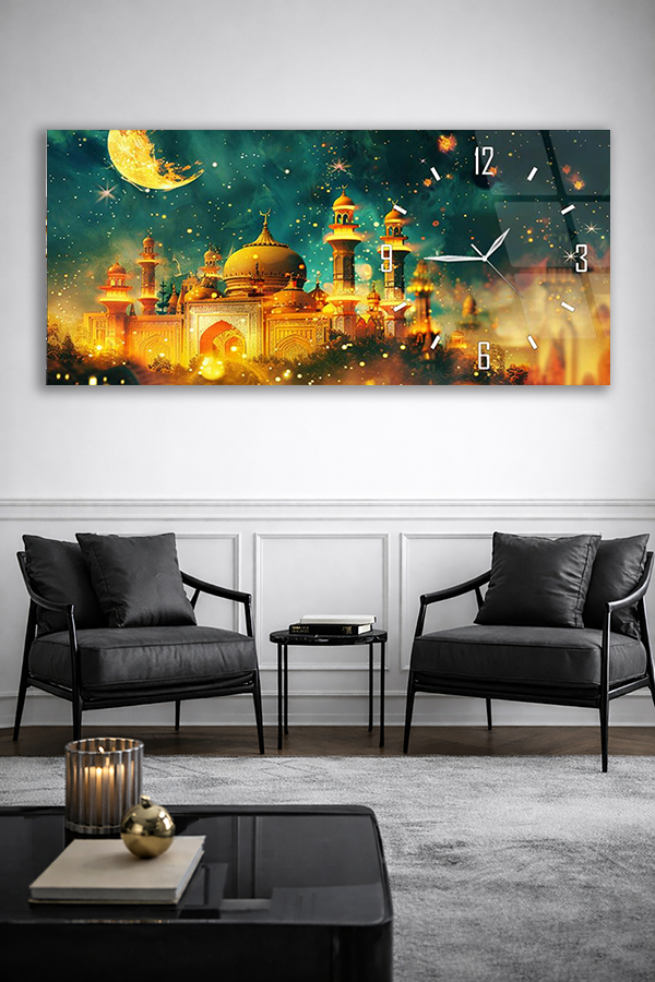 KIRILMAZ CAM DUVAR SAATİ , HEM TABLO HEM SAAT AY VE CAMİ TEMALI ŞIK TASARIM EV OFİS HEDİYESİ