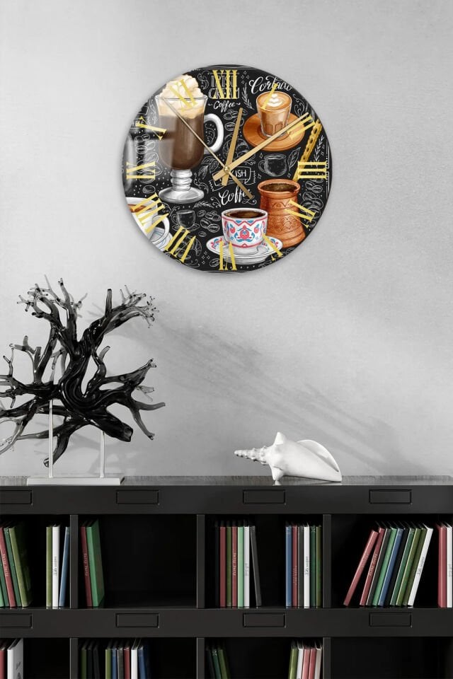 KIRILMAZ CAM DUVAR SAATİ, HEM TABLO HEM SAAT KAHVE KONSEPTİ BARİSTA VE FİNCANLAR TASARIMI EV OFİS HEDİYESİ