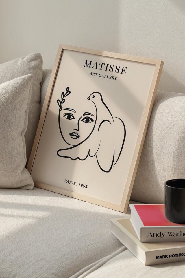 DOĞAL AHŞAP - Minimalist Çizim Kadın Portresi Soyut Sanat Matisse Doğal Ahşap Çerçeveli Duvar Tablosu