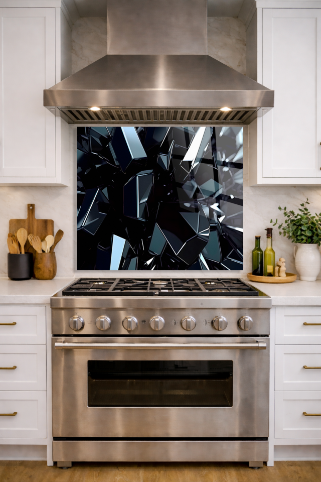 Premium Mutfak Cam Ocak Arkası Koruyucu Tezgah Ankastre Arkası Koruyucu | Siyah Kristaller