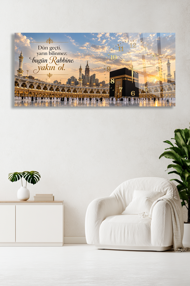 KABE MANZARALI DÜN GEÇTİ YARIN BİLİNMEZ SÖZLÜ CAM TABLO SAAT HEDİYESİ