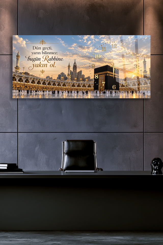 KABE MANZARALI DÜN GEÇTİ YARIN BİLİNMEZ SÖZLÜ CAM TABLO SAAT HEDİYESİ