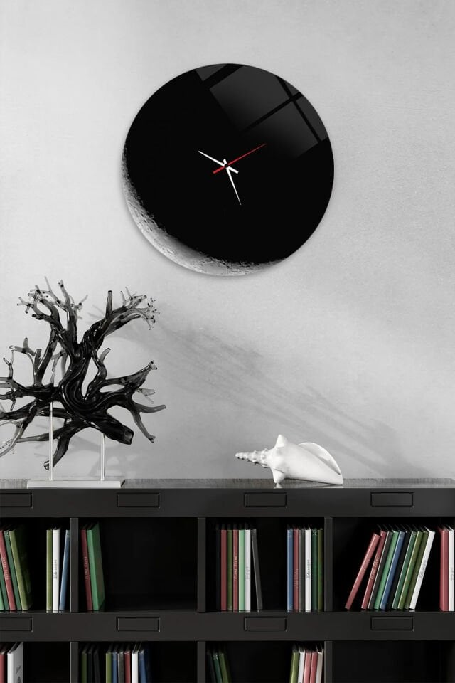KIRILMAZ CAM DUVAR SAATİ, HEM TABLO HEM SAAT SİYAH AY YÜZEYİ MİNİMAL MODERN TASARIM EV OFİS HEDİYESİ