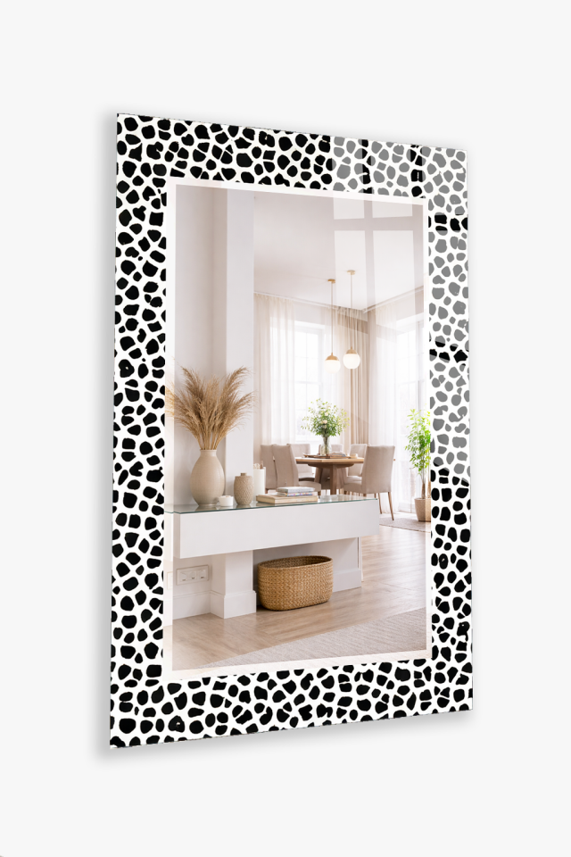 HEM TABLO HEM AYNA SİYAH BEYAZ LEOPAR DESEN CAM DUVAR AYNASI EV DEKORU