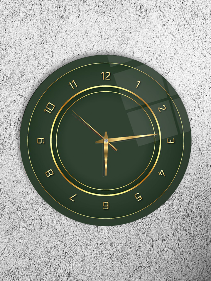KIRILMAZ CAM DUVAR SAATİ, HEM TABLO HEM SAAT YEŞİL ZEMİN GOLD HALKALI LÜKS TASARIM EV OFİS HEDİYESİ