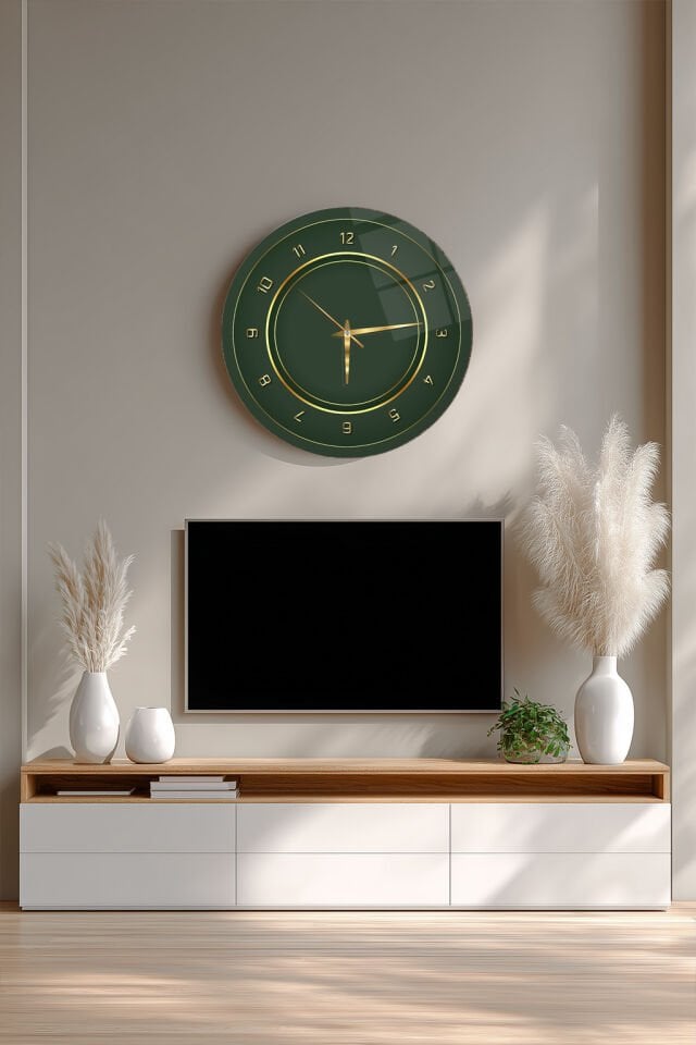 KIRILMAZ CAM DUVAR SAATİ, HEM TABLO HEM SAAT YEŞİL ZEMİN GOLD HALKALI LÜKS TASARIM EV OFİS HEDİYESİ