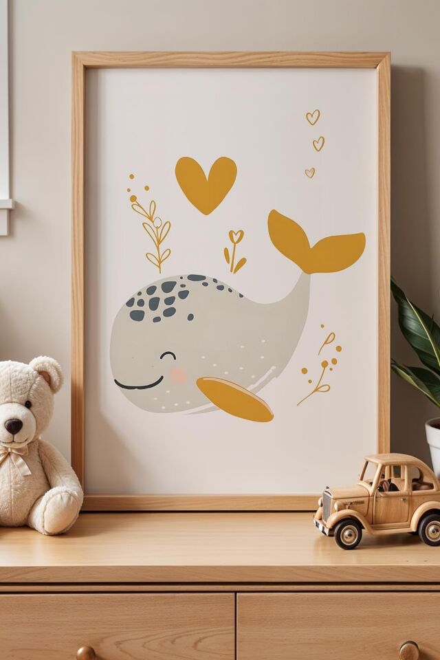 DOĞAL AHŞAP - Sevimli Balina Çocuk Odası Ahşap Çerçeveli Duvar Tablosu