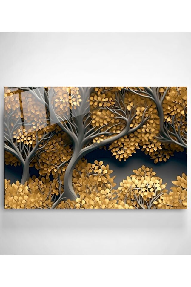 Sarı Yapraklı Ağaç Cam Tablo, Dekoratif Cam Tablo