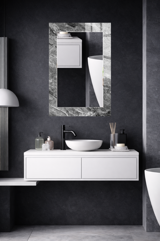 HEM TABLO HEM AYNA GRİ MERMER DOĞAL TAŞ DOKU CAM DUVAR AYNASI EV DEKORU