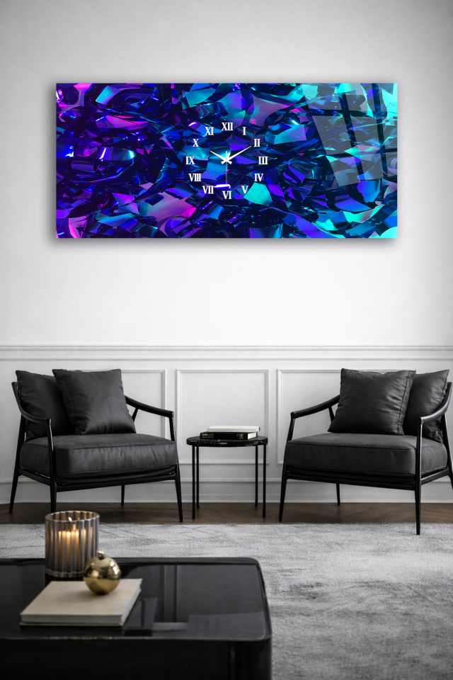 KIRILMAZ CAM DUVAR SAATİ , HEM TABLO HEM SAAT MAVİ ALTIN AKIŞKAN SOYUT SANAT EV OFİS HEDİYESİ