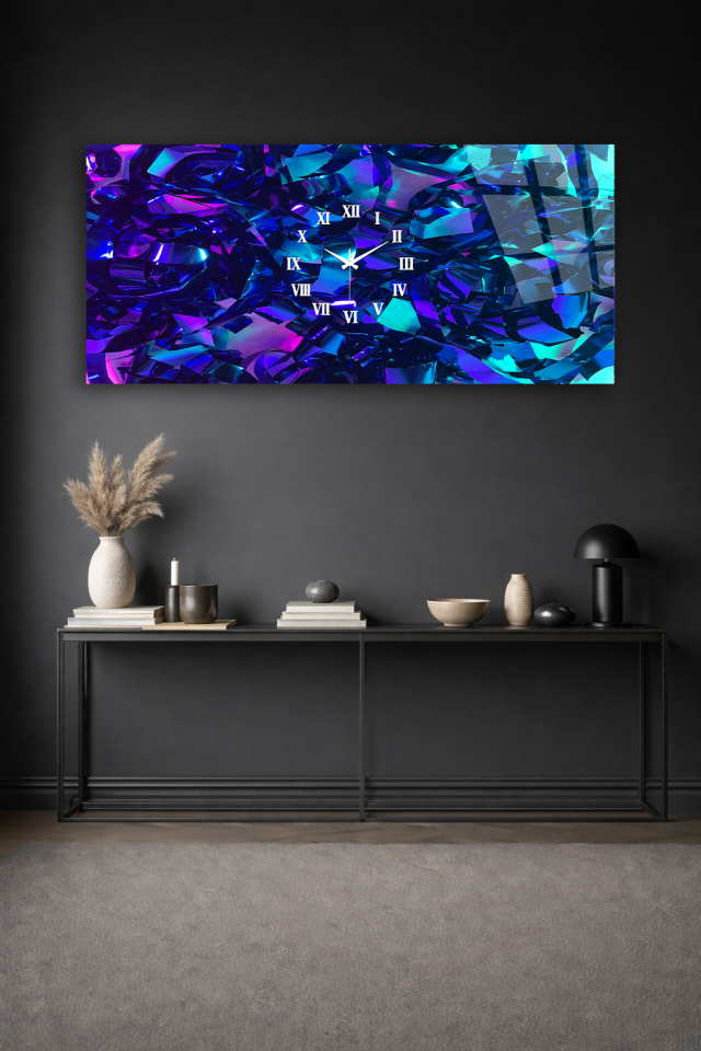 KIRILMAZ CAM DUVAR SAATİ , HEM TABLO HEM SAAT MAVİ ALTIN AKIŞKAN SOYUT SANAT EV OFİS HEDİYESİ