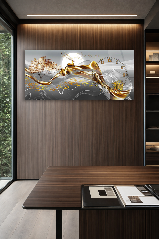 KIRILMAZ CAM DUVAR SAATİ , HEM TABLO HEM SAAT SOYUT DOĞA TEMALI ŞIK DUVAR SAATİ EV OFİS HEDİYESİ