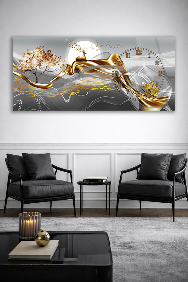 KIRILMAZ CAM DUVAR SAATİ , HEM TABLO HEM SAAT SOYUT DOĞA TEMALI ŞIK DUVAR SAATİ EV OFİS HEDİYESİ