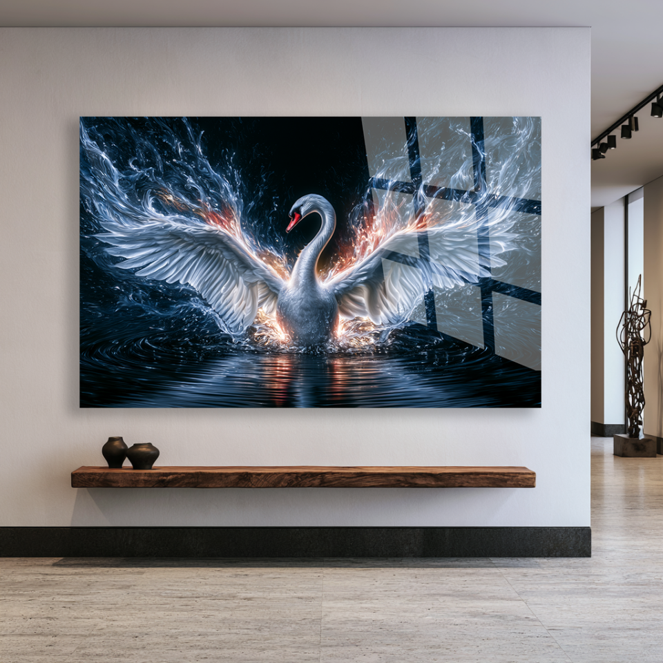 KUĞU CAM TABLO SU ATEŞ KANATLI FANTEZİ DUVAR DEKORU EV OFİS HEDİYESİ