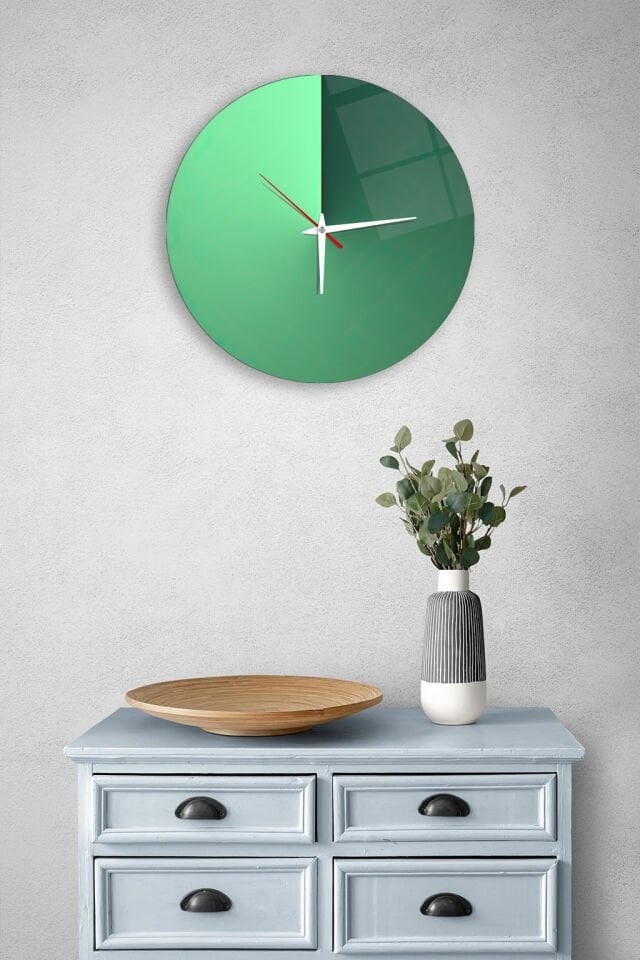 KIRILMAZ CAM DUVAR SAATİ, HEM TABLO HEM SAAT YEŞİL DEGRADE MODERN TASARIM EV OFİS HEDİYESİ