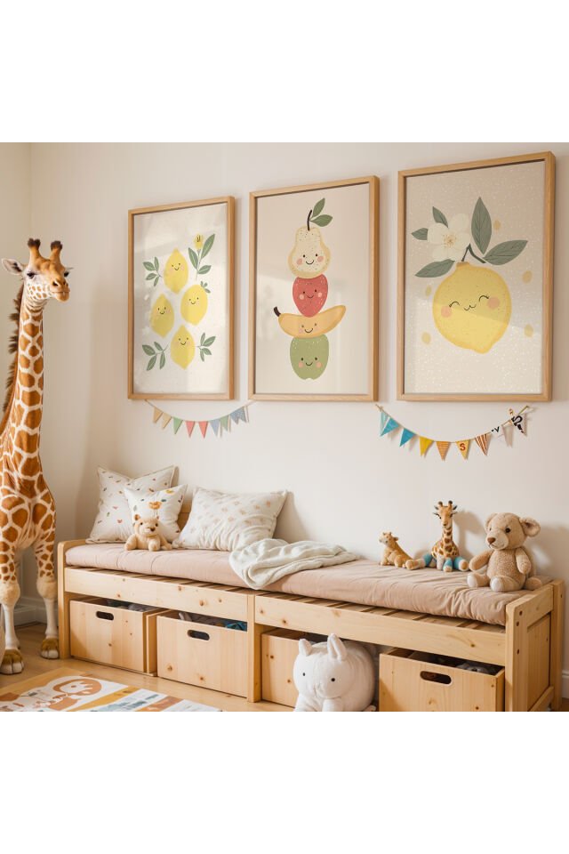 DOĞAL AHŞAP - 3'lü Sevimli Meyveler Doğal Ahşap Çerçeveli Çocuk Odası ve Bebek Odası Tablo Seti