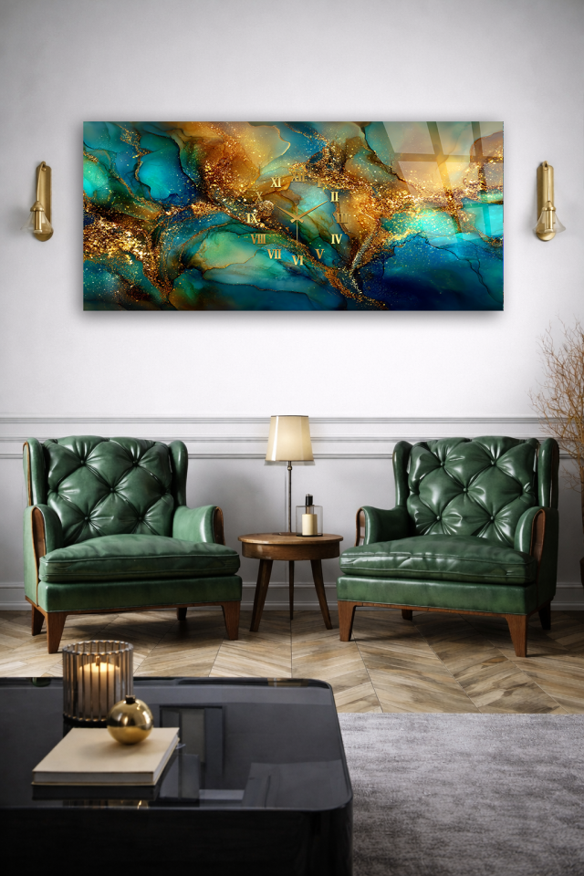 KIRILMAZ CAM DUVAR SAATİ , HEM TABLO HEM SAAT ALTIN LOTUS ÇİÇEĞİ ZEN TASARIM EV OFİS HEDİYESİ