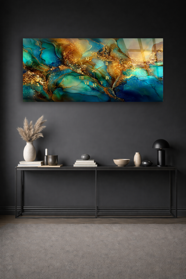 KIRILMAZ CAM DUVAR SAATİ , HEM TABLO HEM SAAT ALTIN LOTUS ÇİÇEĞİ ZEN TASARIM EV OFİS HEDİYESİ