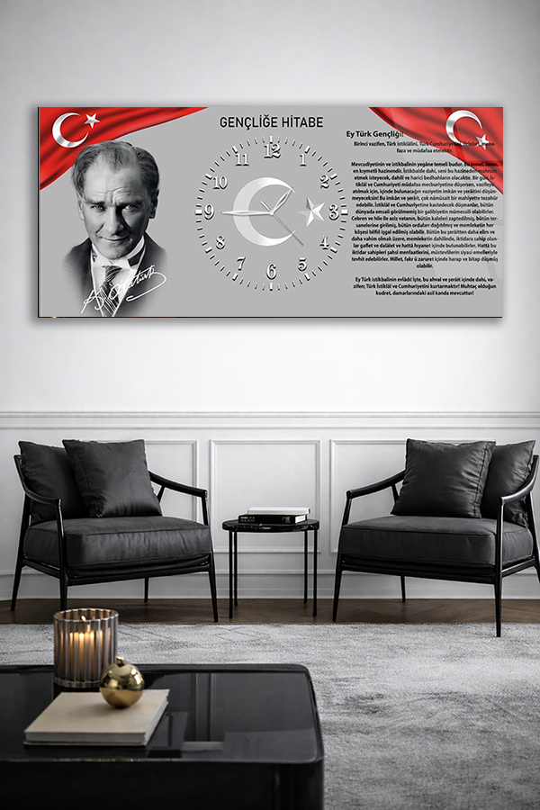 KIRILMAZ CAM DUVAR SAATİ , HEM TABLO HEM SAAT GENÇLİĞE HİTABE VE ATATÜRK TEMALI EV OFİS HEDİYESİ