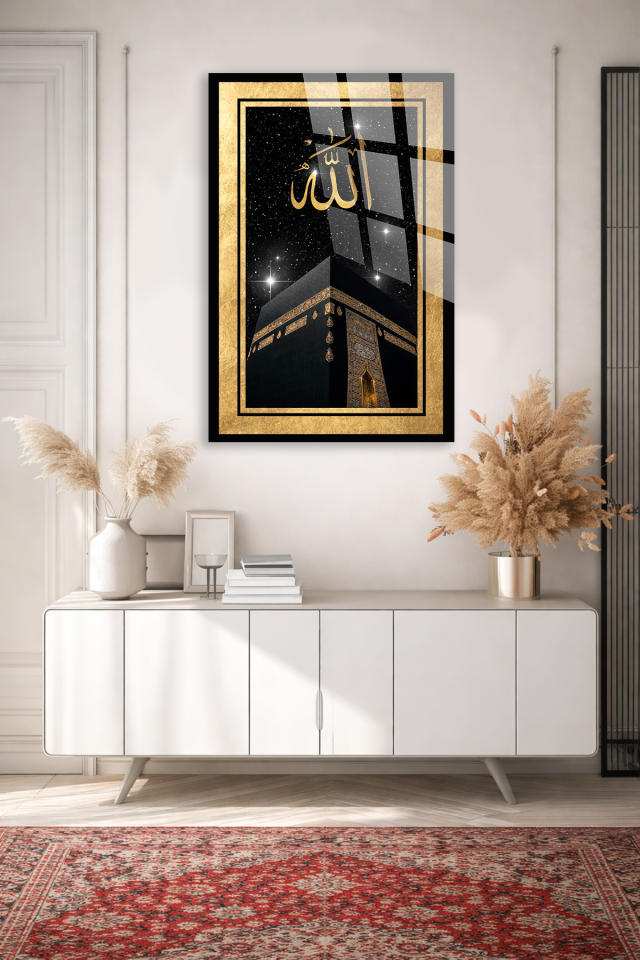 GERÇEK KIRILMAZ CAM TABLO KABE ALLAH YAZILI İSLAMİ DUVAR DEKORU EV OFİS HEDİYESİ