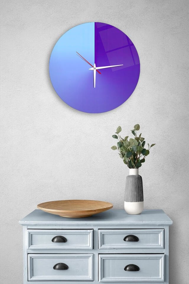 KIRILMAZ CAM DUVAR SAATİ, HEM TABLO HEM SAAT MAVİ MOR DEGRADE MODERN TASARIM EV OFİS HEDİYESİ