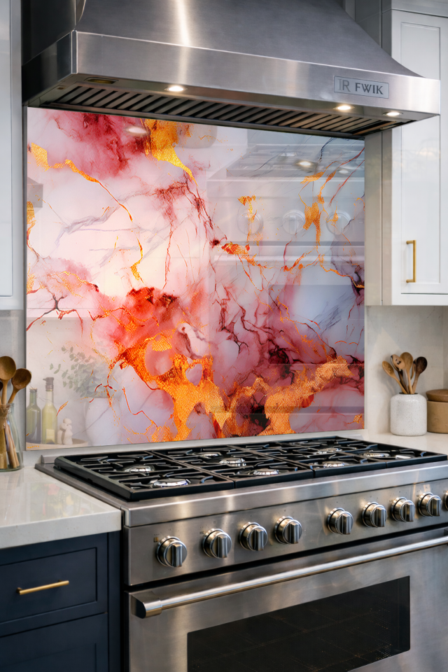 Premium Mutfak Cam Ocak Arkası Koruyucu Tezgah Ankastre Arkası Koruyucu | Pembe Mermer Tasarımı