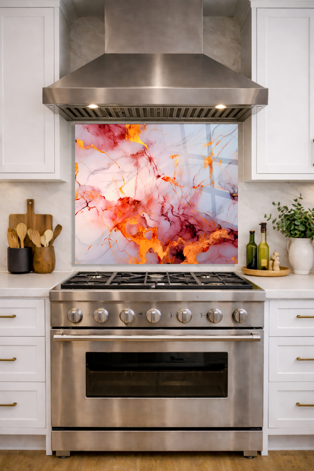 Premium Mutfak Cam Ocak Arkası Koruyucu Tezgah Ankastre Arkası Koruyucu | Pembe Mermer Tasarımı