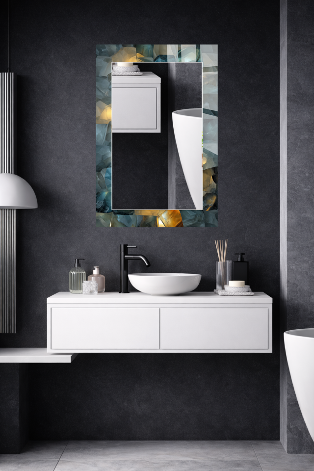 HEM TABLO HEM AYNA MAVİ ALTIN KRİSTAL SOYUT CAM DUVAR AYNASI EV DEKORU