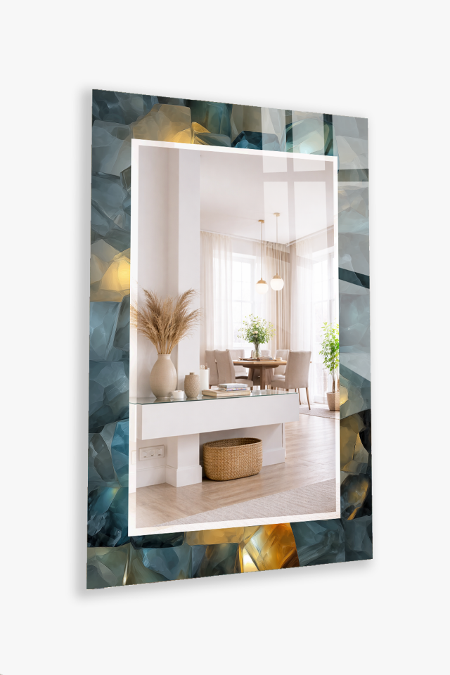 HEM TABLO HEM AYNA MAVİ ALTIN KRİSTAL SOYUT CAM DUVAR AYNASI EV DEKORU