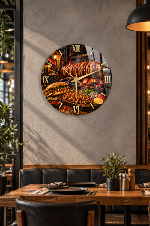 DÖNER KEBAP TEMALI YUVARLAK CAM TABLO SAAT RESTORAN İŞYERİ HEDİYESİ