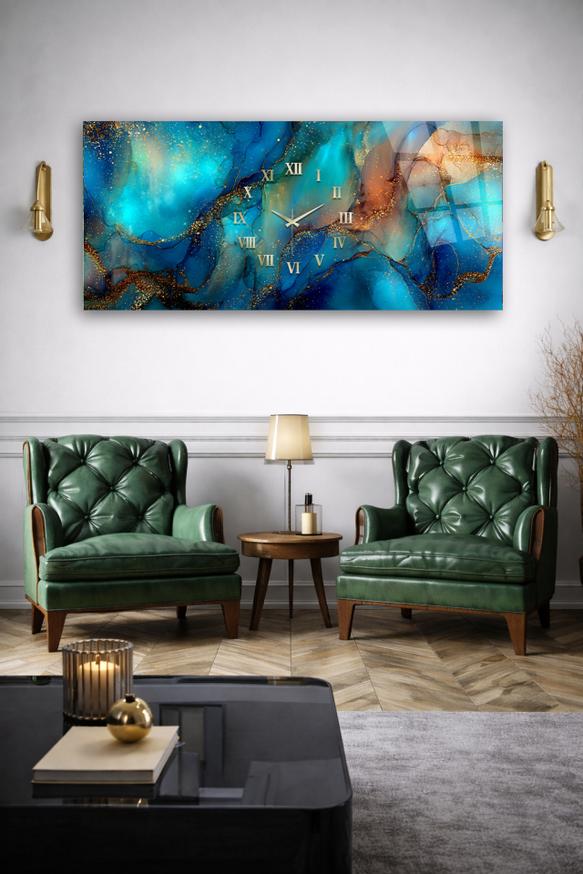 KIRILMAZ CAM DUVAR SAATİ , HEM TABLO HEM SAAT TURKUAZ ALTIN MERMER DESEN EV OFİS HEDİYESİ