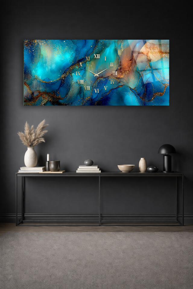 KIRILMAZ CAM DUVAR SAATİ , HEM TABLO HEM SAAT TURKUAZ ALTIN MERMER DESEN EV OFİS HEDİYESİ