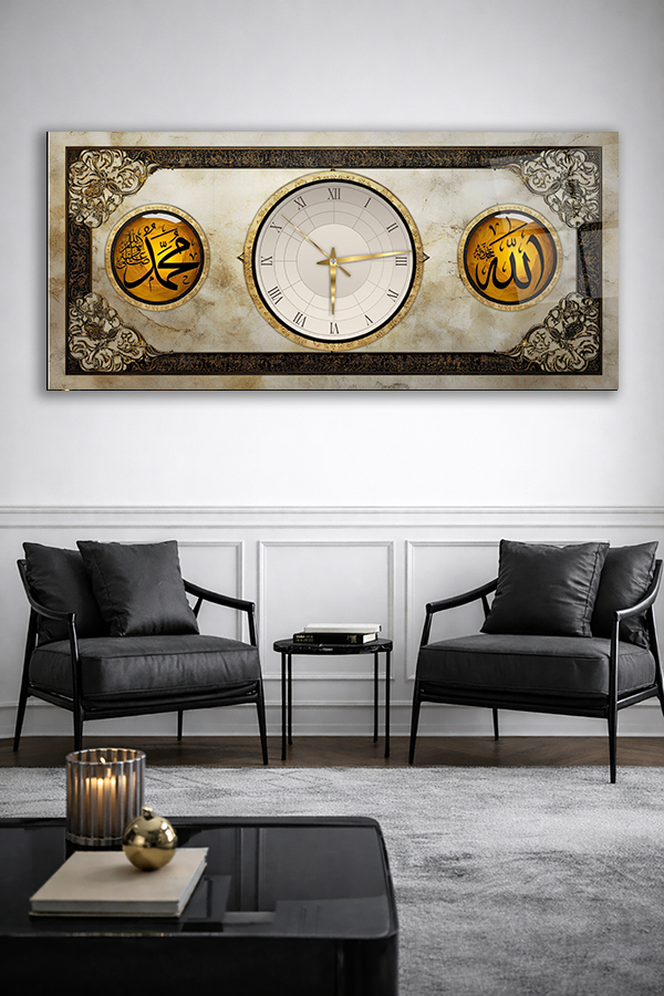 KIRILMAZ CAM DUVAR SAATİ , HEM TABLO HEM SAAT İSLAMİ MOTİFLİ ALLAH MUHAMMED YAZILI EV OFİS HEDİYESİ
