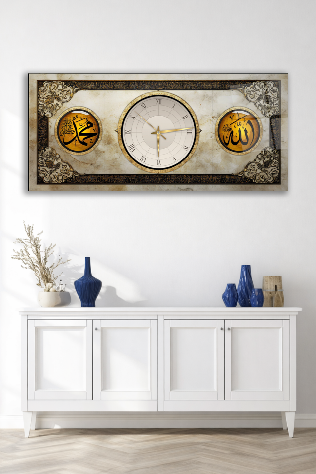KIRILMAZ CAM DUVAR SAATİ , HEM TABLO HEM SAAT İSLAMİ MOTİFLİ ALLAH MUHAMMED YAZILI EV OFİS HEDİYESİ