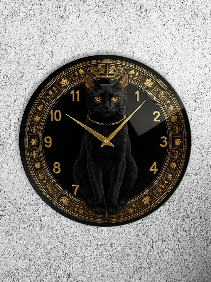 KIRILMAZ CAM DUVAR SAATİ, HEM TABLO HEM SAAT SİYAH KEDİ ALTIN DETAYLI LÜKS TASARIM EV OFİS HEDİYESİ