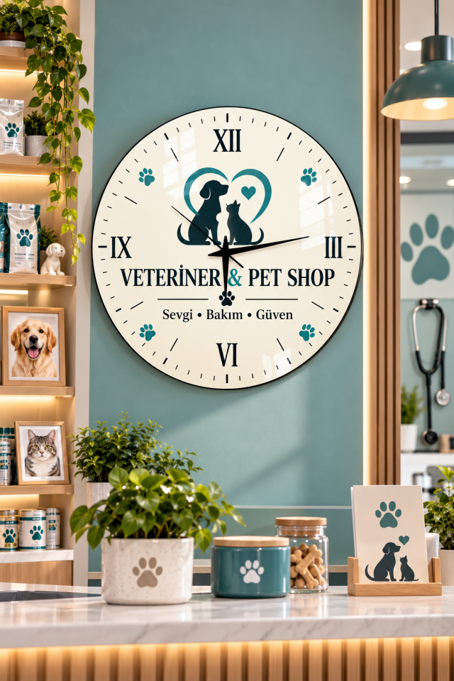 VETERİNER PET SHOP TEMALI YUVARLAK CAM TABLO SAAT İŞYERİ HEDİYESİ