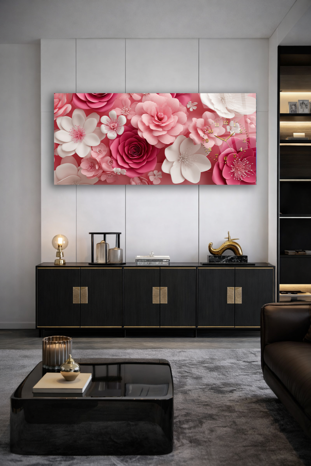 KIRILMAZ CAM DUVAR SAATİ , HEM TABLO HEM SAAT PEMBE ÇİÇEKLİ ROMANTİK TASARIM EV OFİS HEDİYESİ