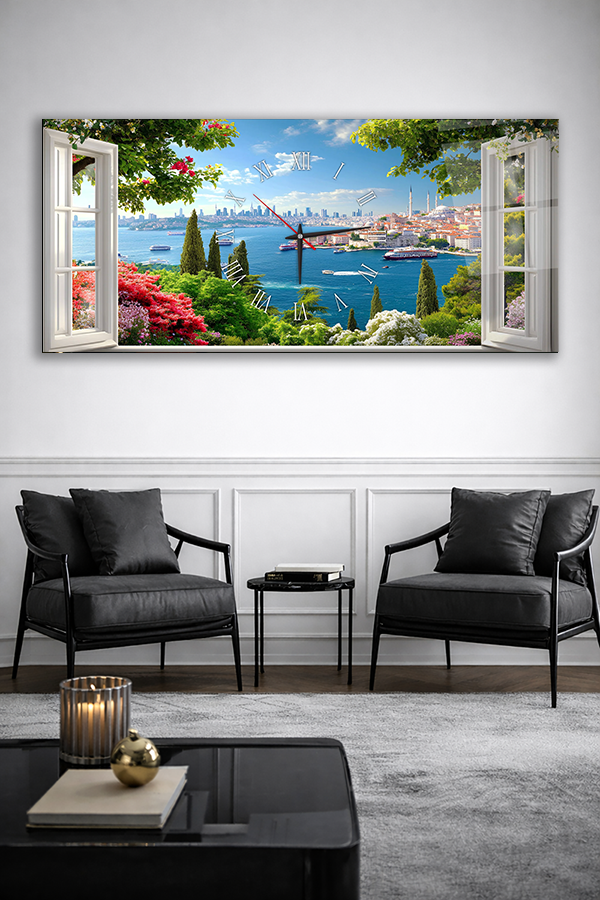 KIRILMAZ CAM DUVAR SAATİ , HEM TABLO HEM SAAT İSTANBUL BOĞAZ MANZARALI CAM TASARIM EV OFİS HEDİYESİ